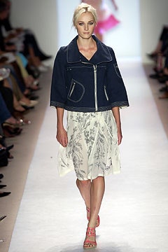blue denim jacket with white pleated dress