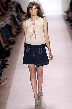 white fitted top with blue skirt