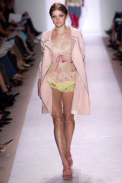 pink coat and yellow swimsuit