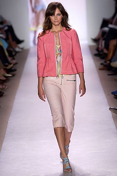 pink fitted jacket with beige pants