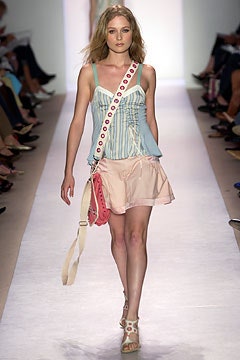 blue and white fitted top with pink skirt