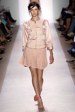 pink silk fitted jacket and skirt