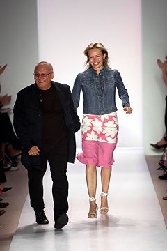 blue denim jacket and pink flared skirt