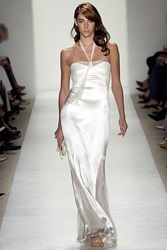 white silk strapless gown