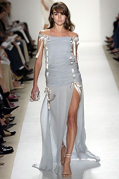 fitted gray silk off-shoulder dress