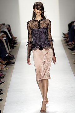 black lace fitted blouse and pink silk skirt