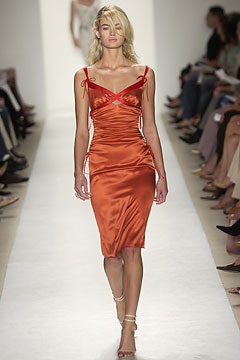 fitted orange silk midi dress