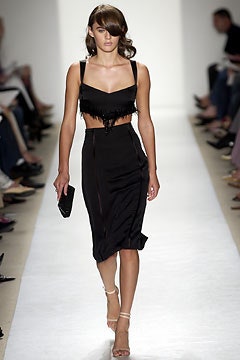 black silk fitted top and midi skirt