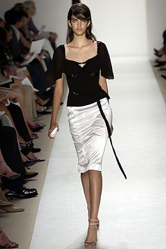 black silk fitted top and white midi skirt