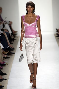 pink silk fitted top and white midi skirt