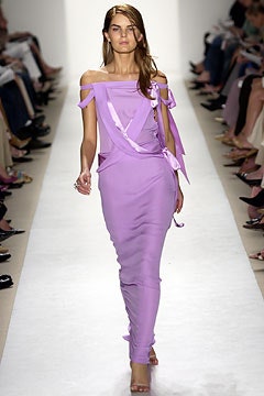 fitted purple silk off-shoulder dress
