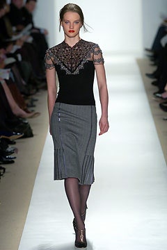 black silk fitted top and gray pencil skirt