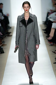 gray wool structured coat and silver silk dress