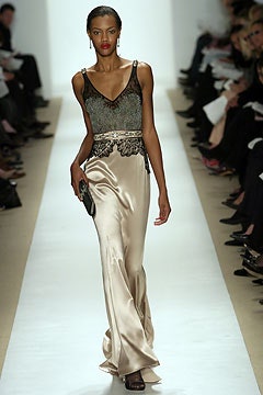 beige silk fitted gown with black top