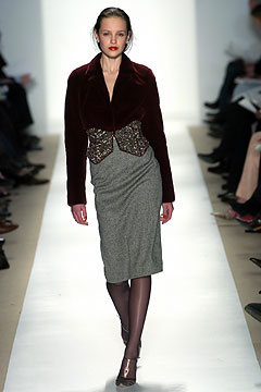 burgundy velvet tailored jacket and gray pencil skirt