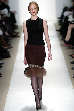 black silk fitted top and brown pencil skirt