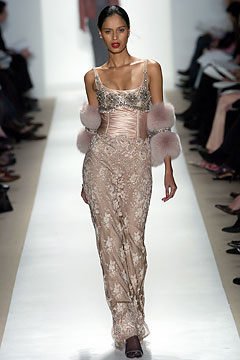 pink silk embroidered gown with fur cape