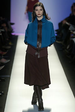 blue jacket brown skirt outfit