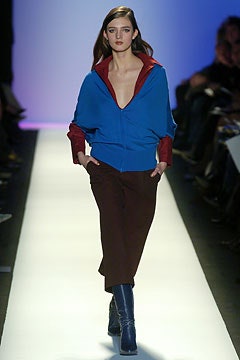 blue and red relaxed jacket with tailored pants