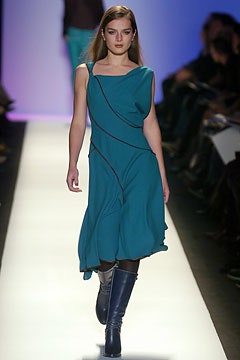 teal draped midi dress with blue boots