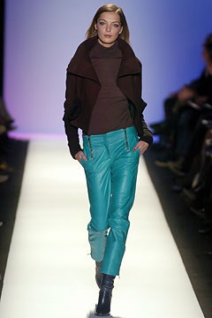 brown wool fitted jacket with blue leather pants