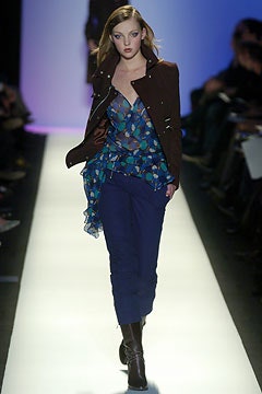 blue printed silk top with brown leather jacket