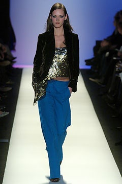 black velvet blazer gold sequin top blue relaxed pants