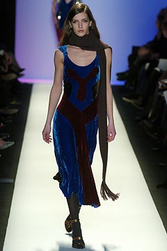 blue and red velvet midi dress with knit scarf