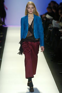 blue tailored blazer with sheer top