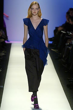 blue silk fitted top with ruffles