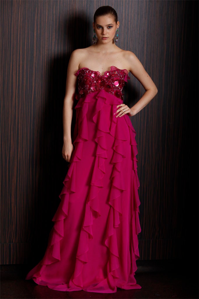 pink strapless ruffled gown