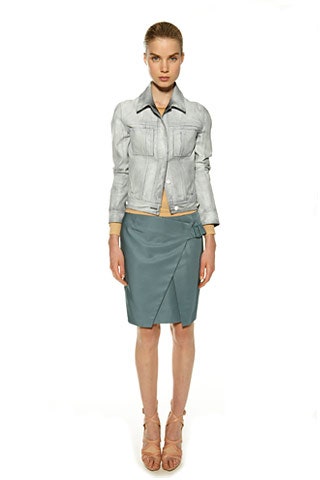 fitted denim jacket and gray skirt