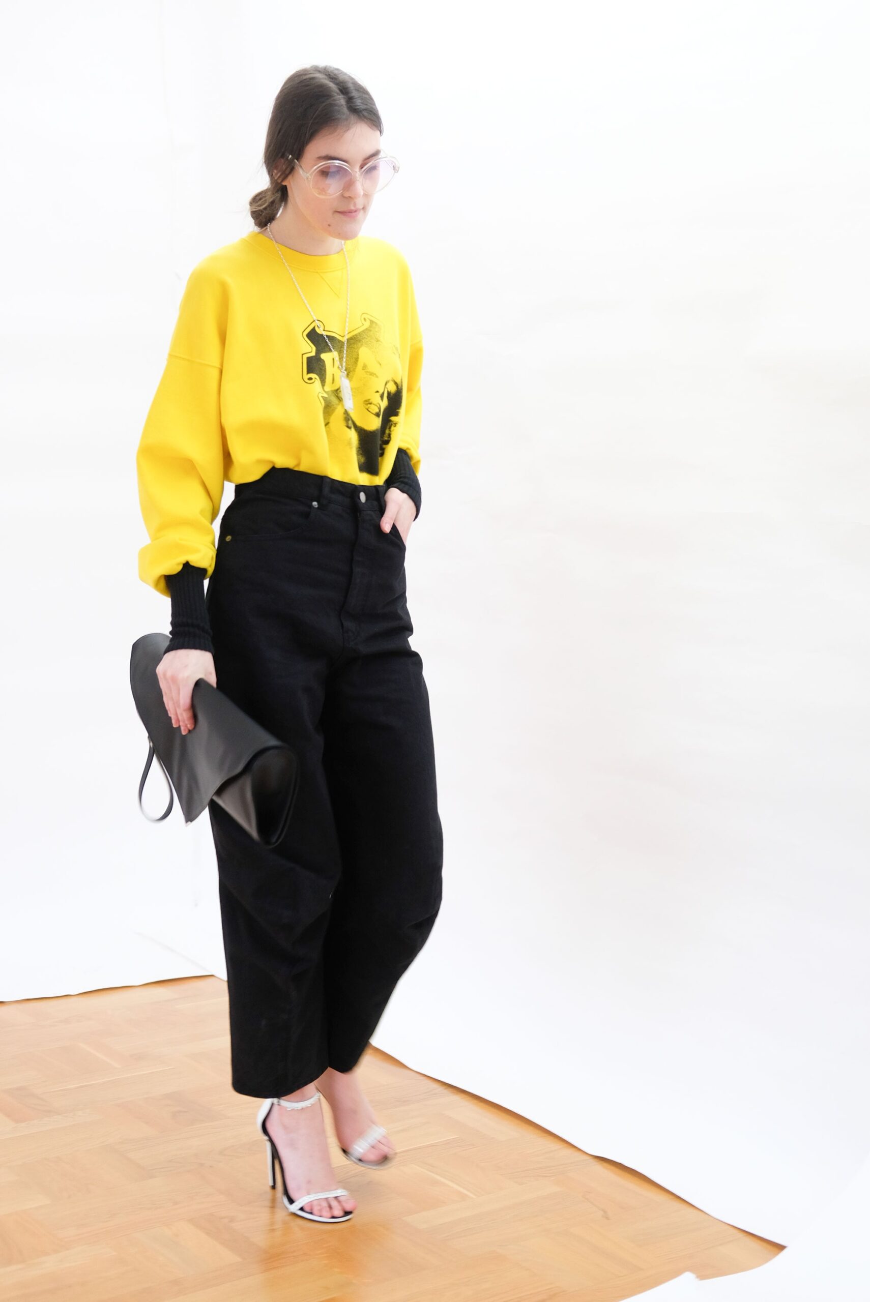 yellow long-sleeve collared relaxed printed sweater
