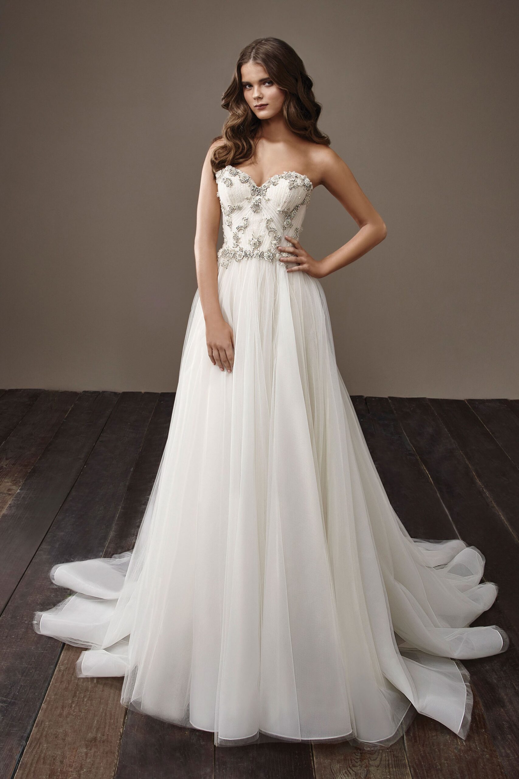 white strapless embellished gown