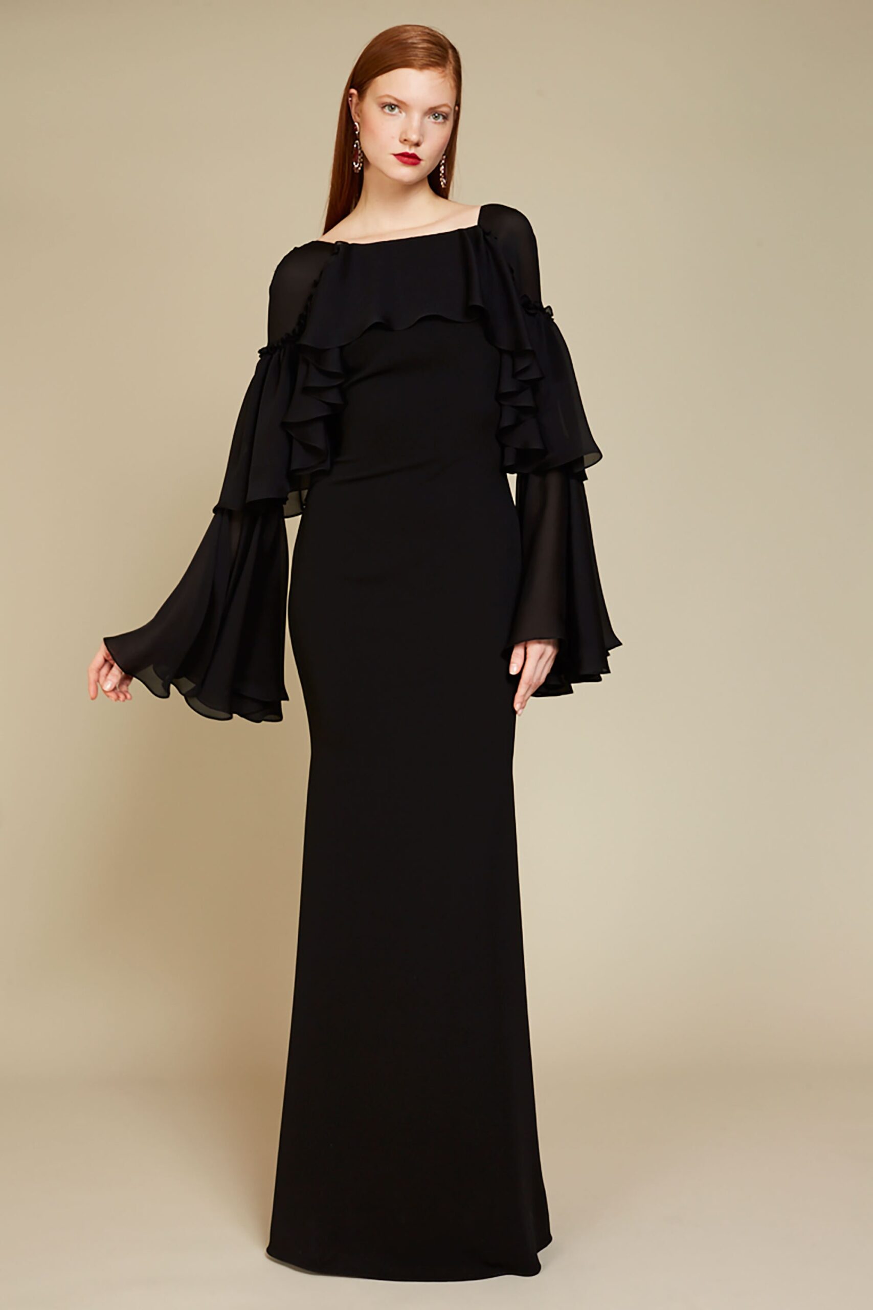 black silk off-shoulder gown