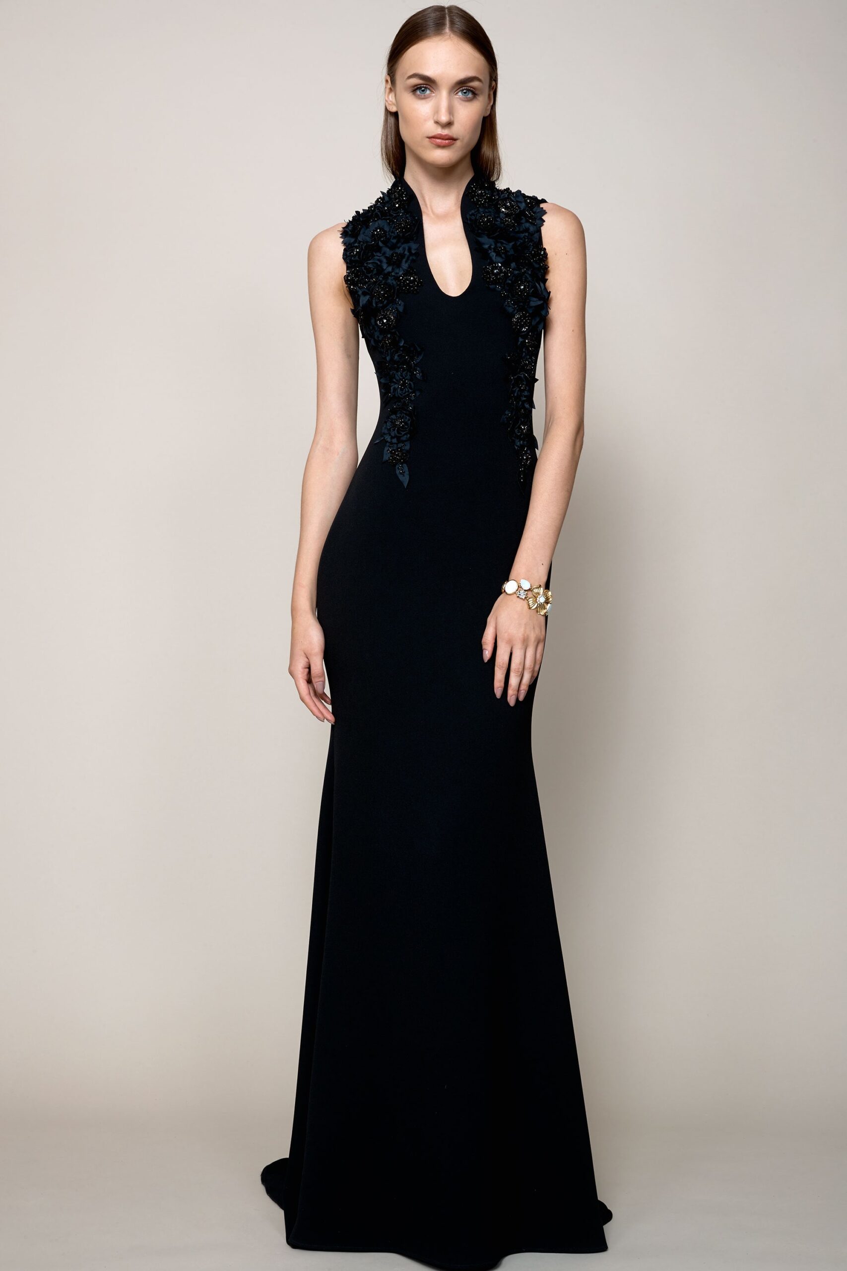 black silk sleeveless gown