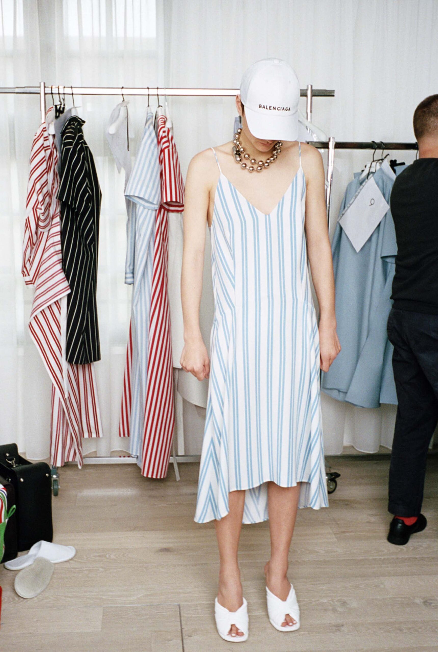 blue and white striped midi dress