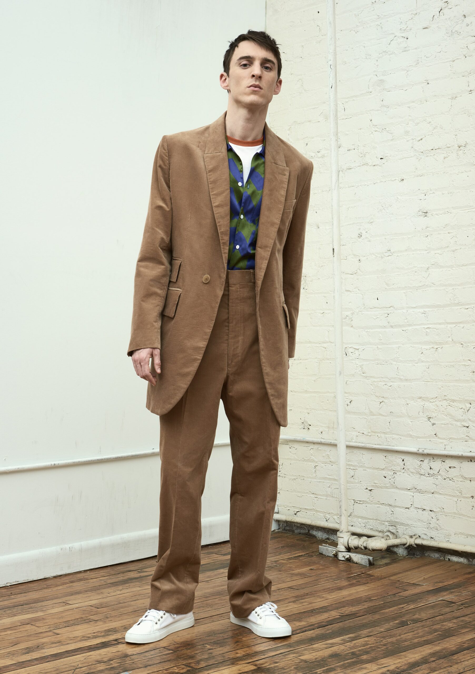 brown tailored blazer with white t-shirt