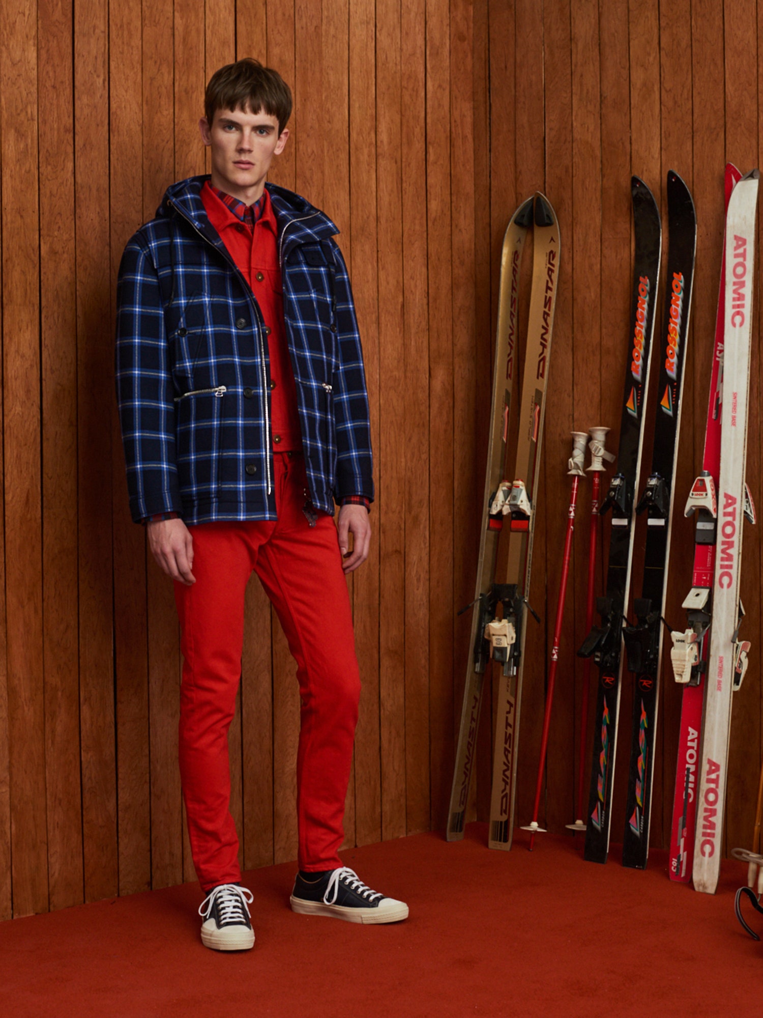 blue checked jacket with red pants