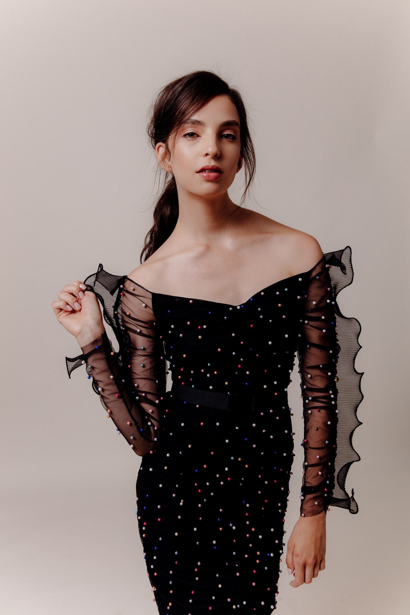 black off-shoulder beaded dress