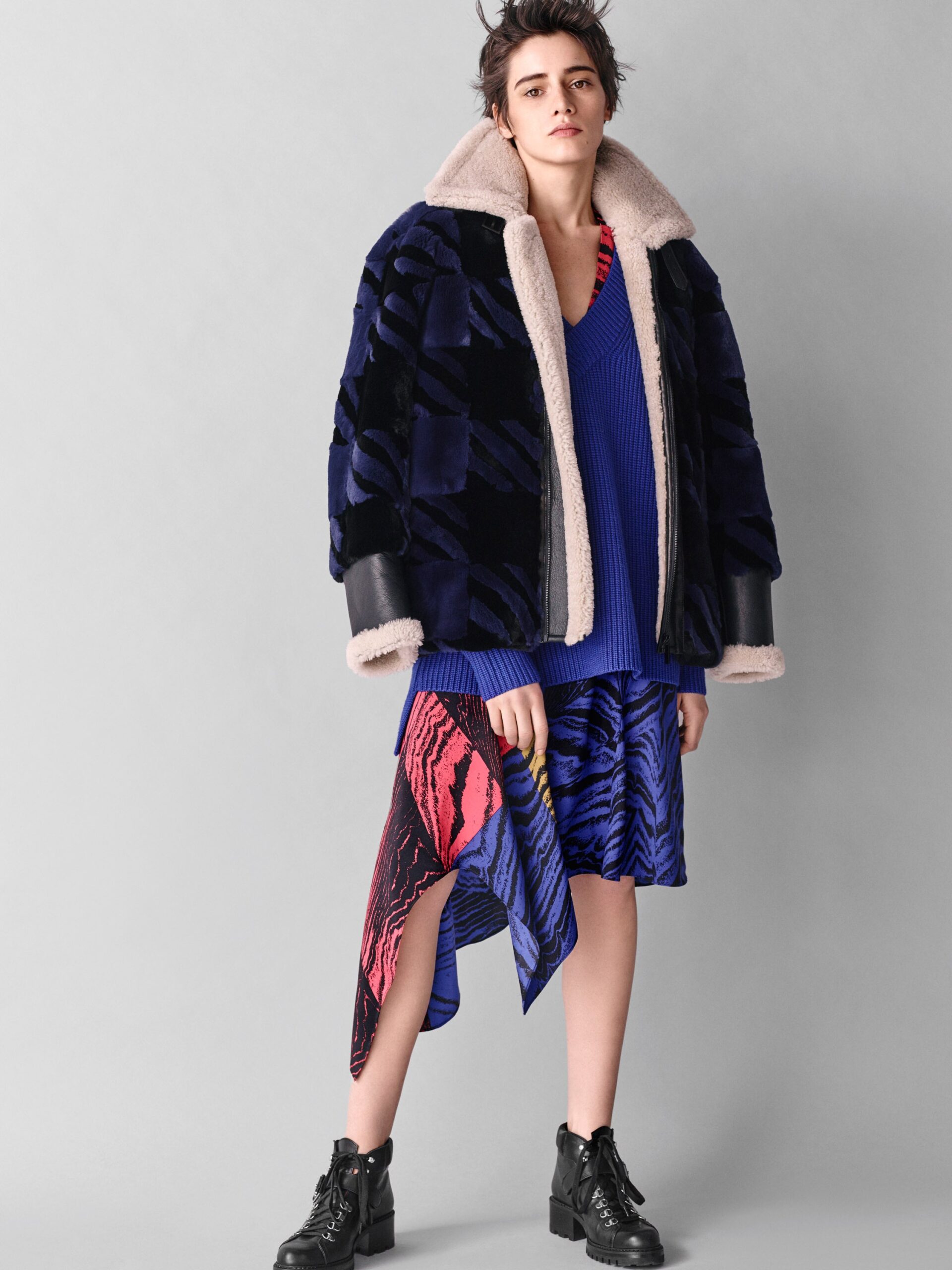 blue faux-fur jacket with knit top