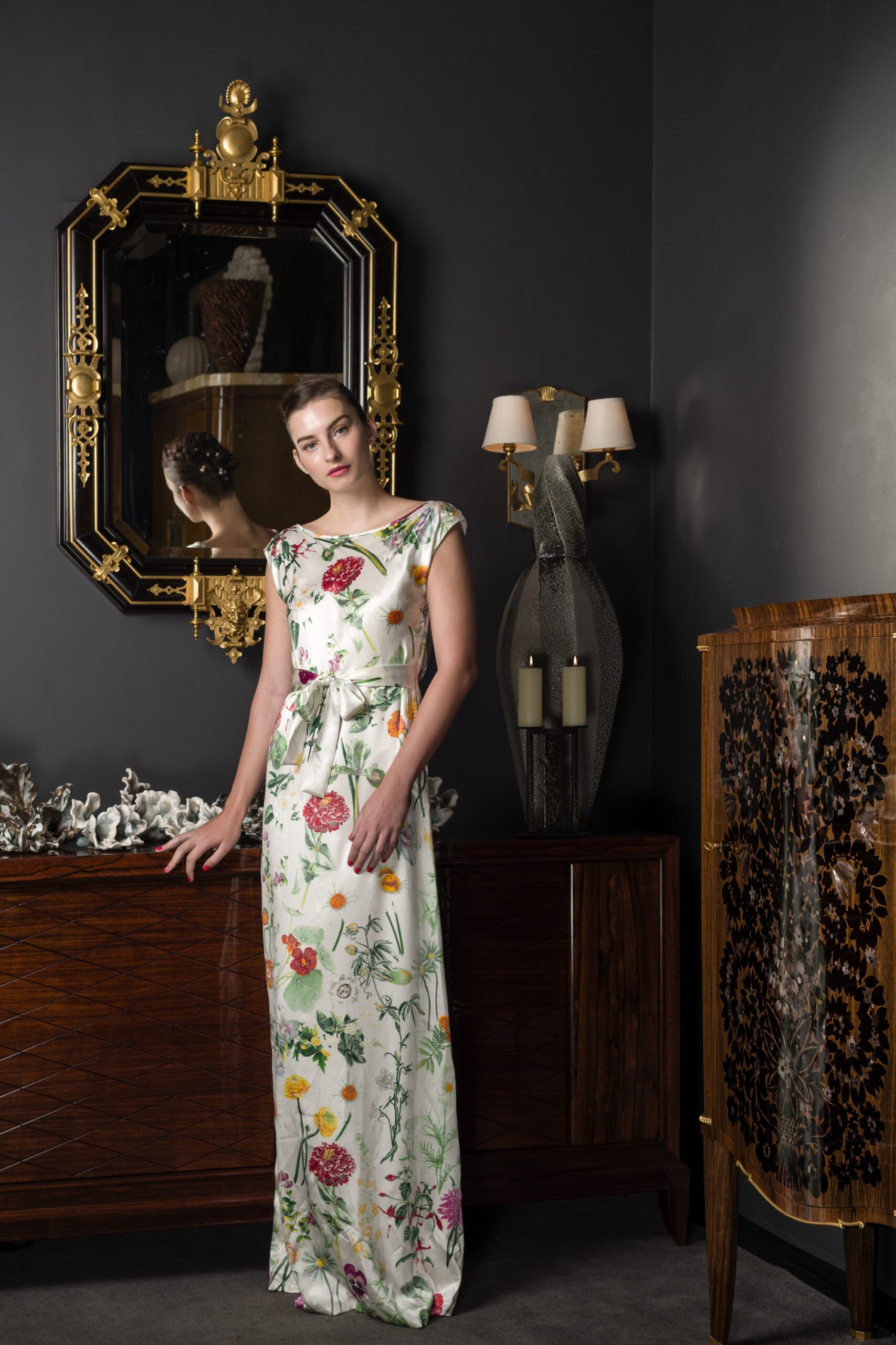 white floral silk gown