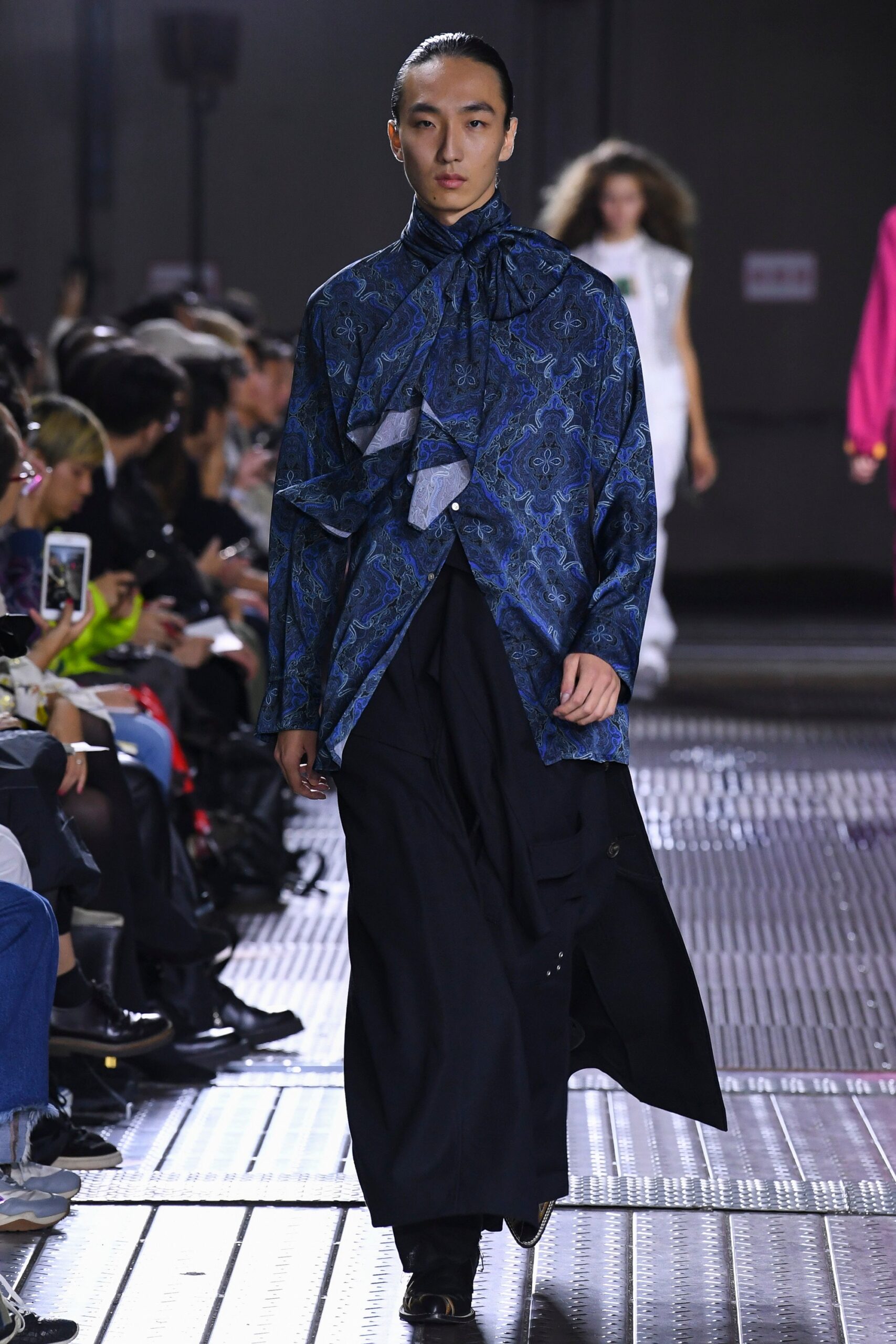 blue silk long-sleeve collared oversized paisley buttoned shirt
