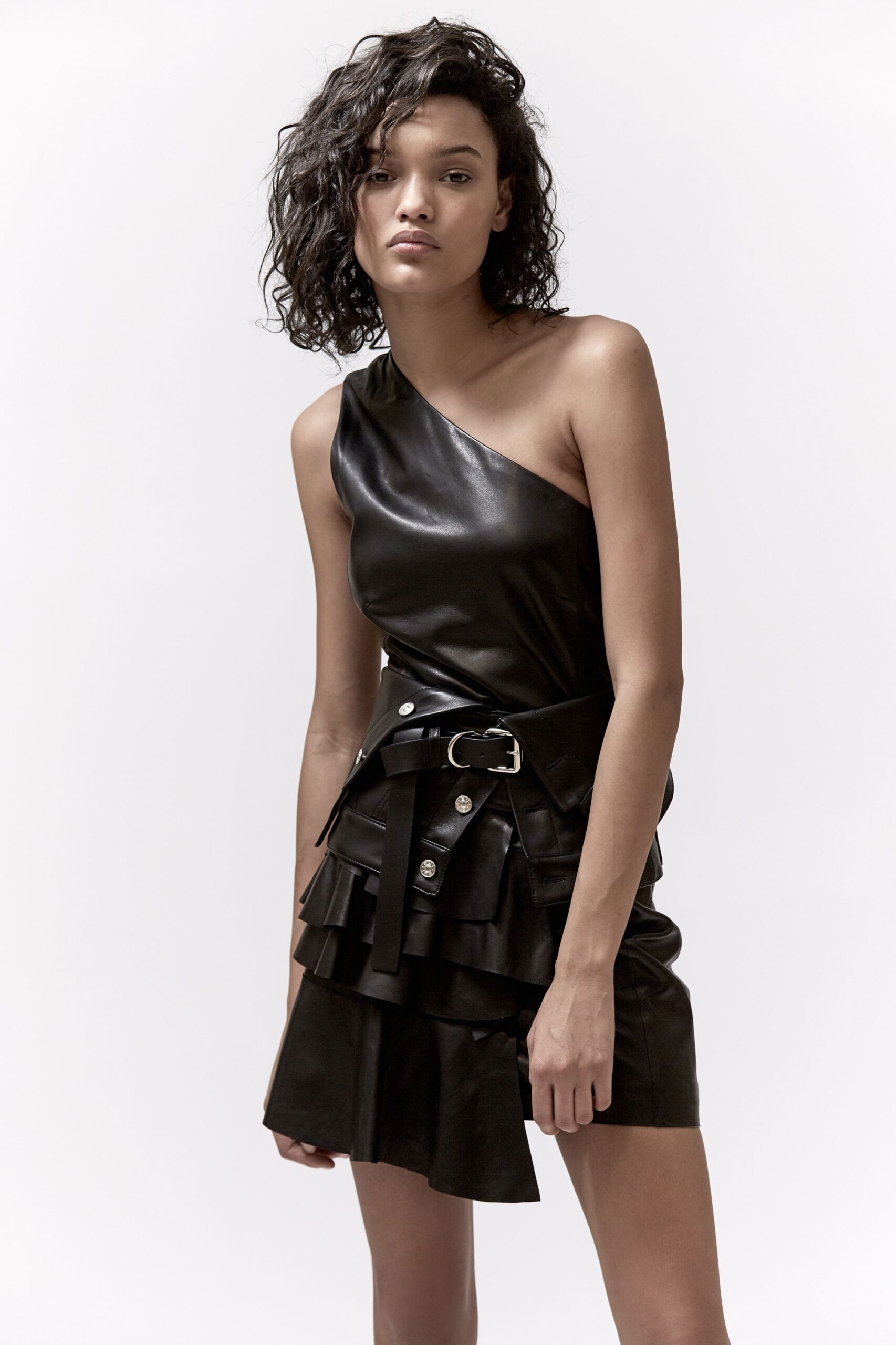 black leather sleeveless mini dress