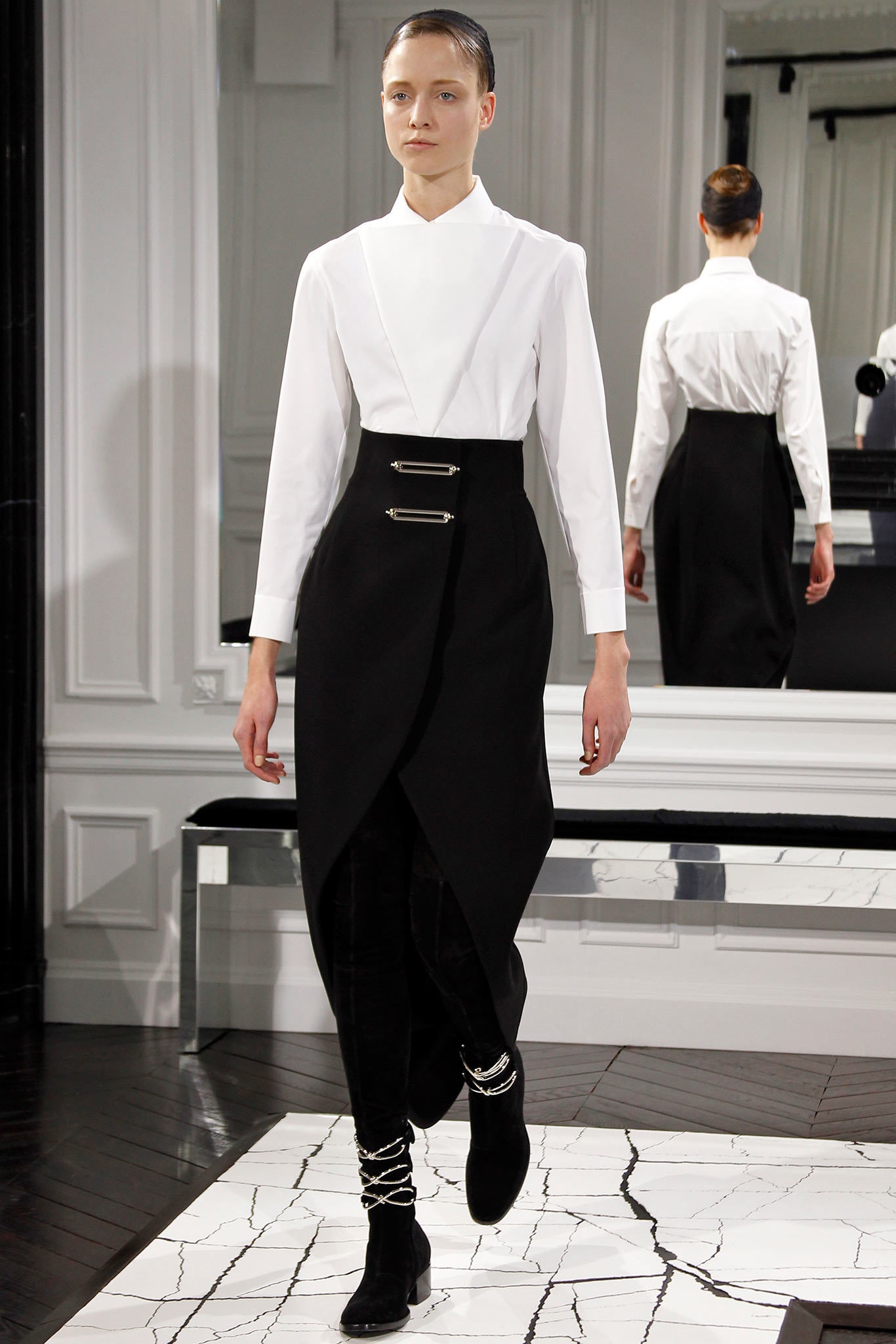 white fitted blouse and black asymmetric skirt