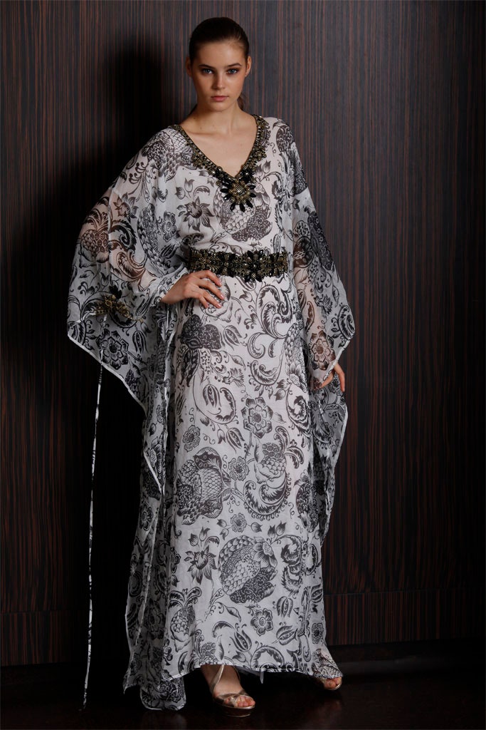 white and black embroidered gown