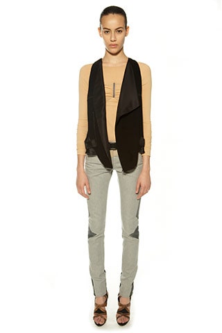 black silk vest beige top gray pants