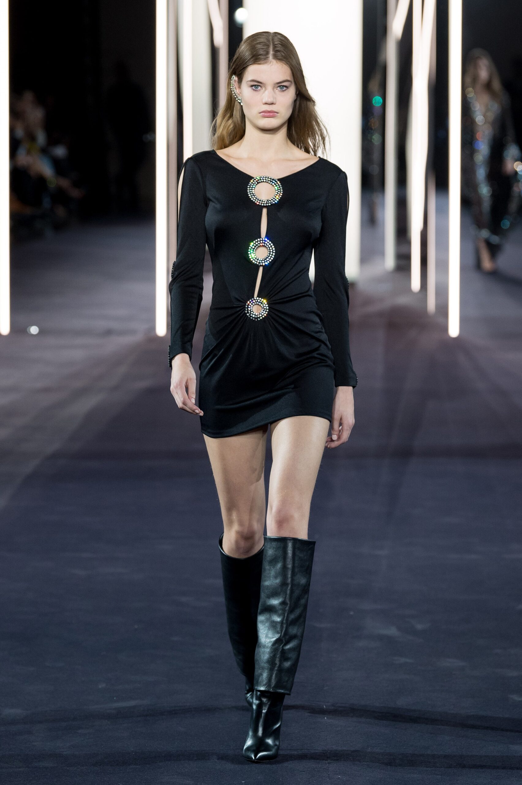 black fitted mini dress with boots