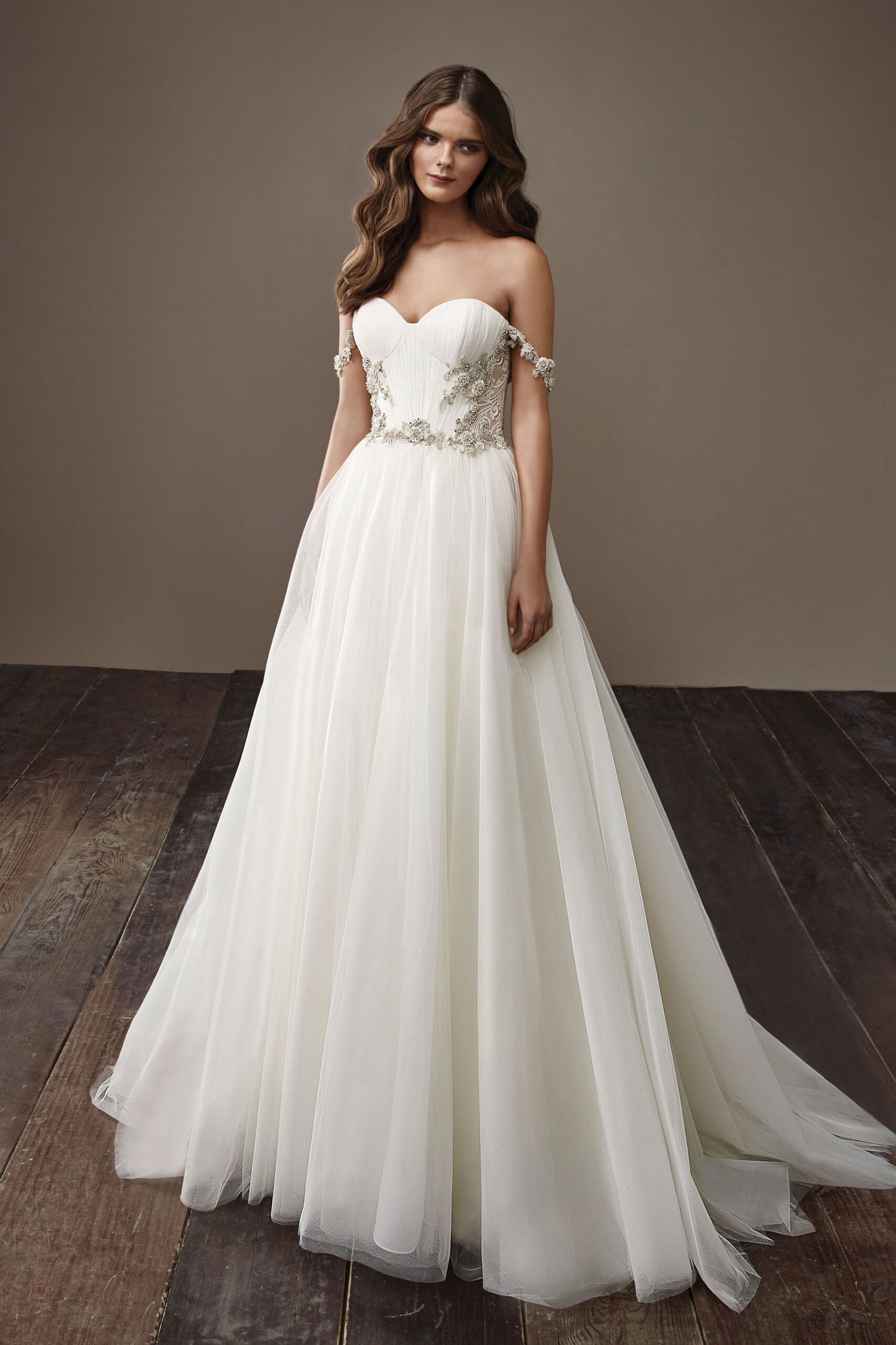 white strapless flowing gown