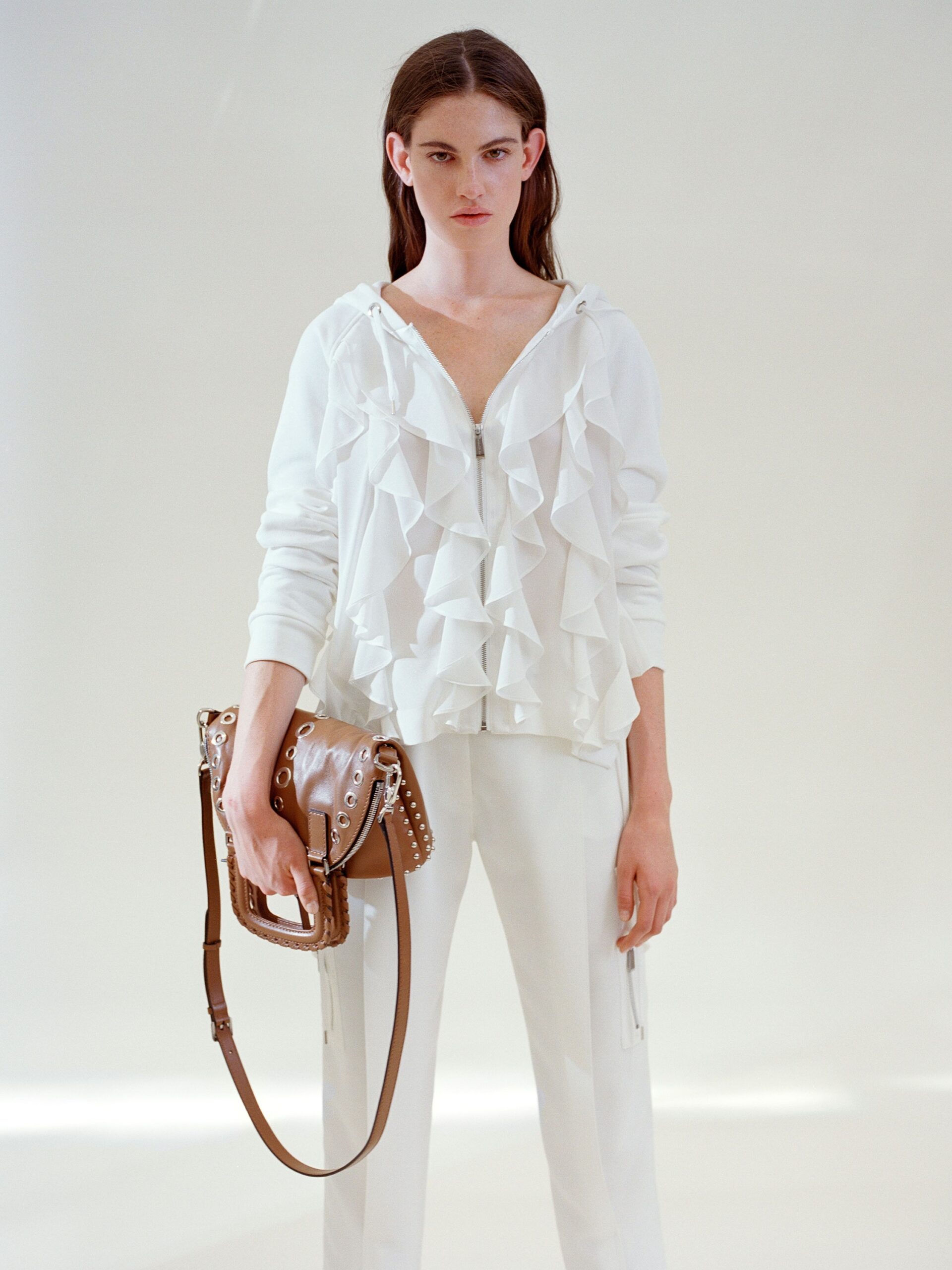 white cotton long-sleeve hooded relaxed ruffled hoodie